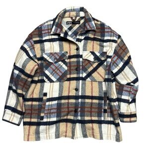 Zara Womens Shirt Medium Blue Tan Jacket Shacket Plaid Wool Blend Oversized Top